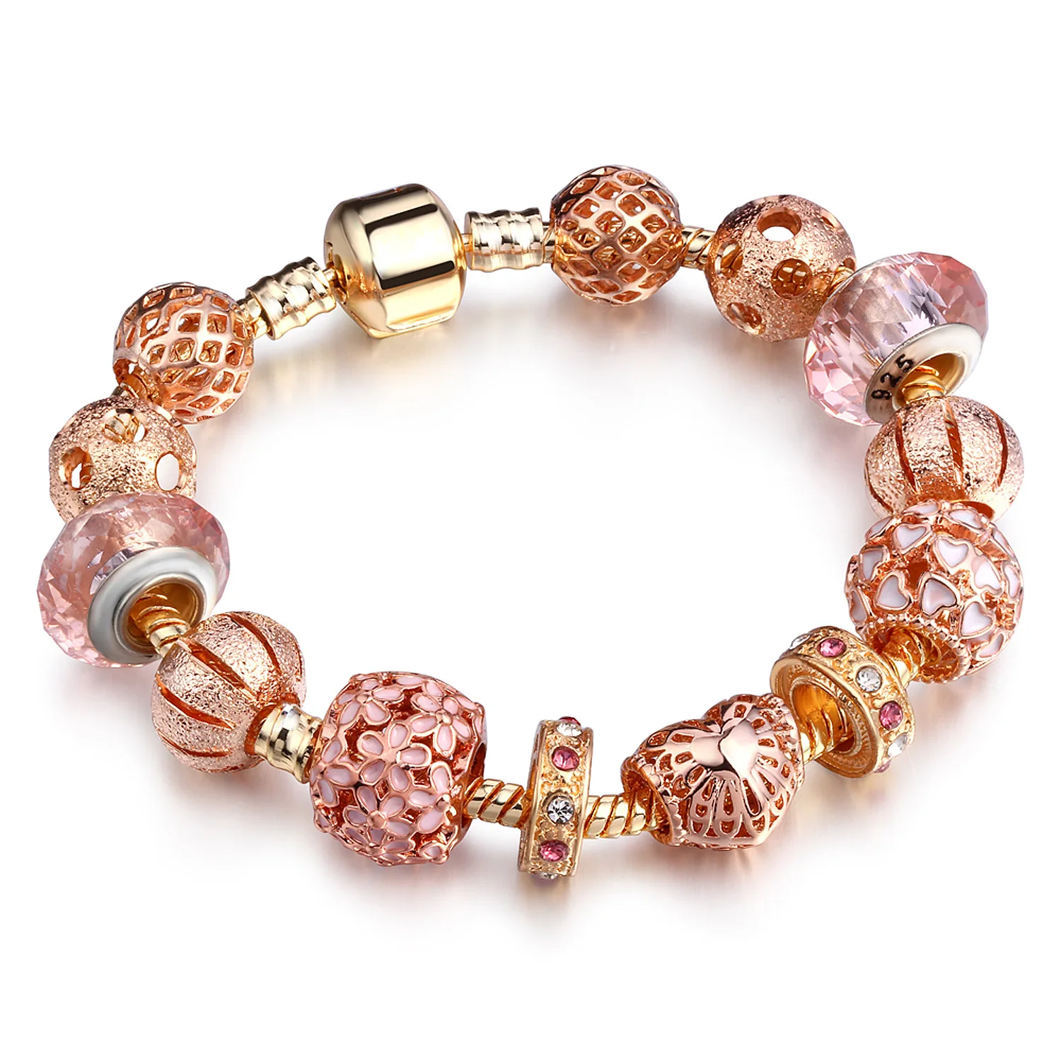 

Fashion European Glass Beaded Heart DIY Charm Bracelet Rose Gold Plated Large Hole Beads Charm Bracelet