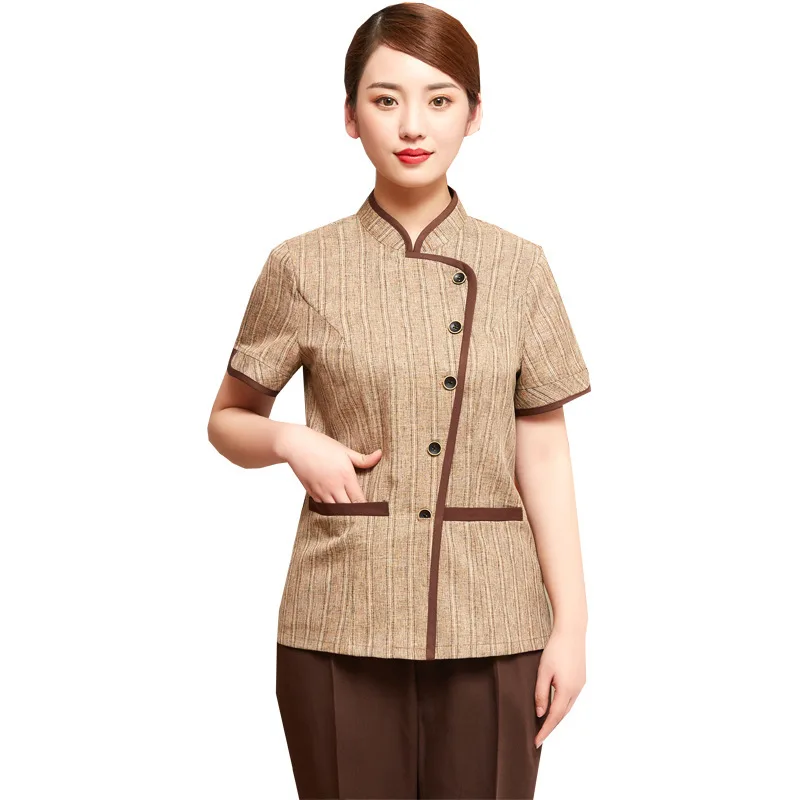 

Custom New Design Men And Women Hotel Cleaning Uniform Cardigan Housekeeper Uniform