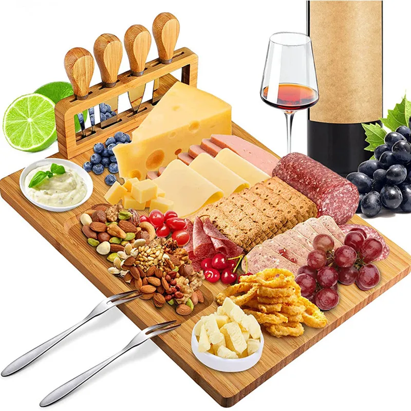 

Bamboo Cheese Board Set Charcuterie Boards and Cutting Board Platter Cheese Tray with 4 Stainless Steel Cheese Knives, Bamboo color