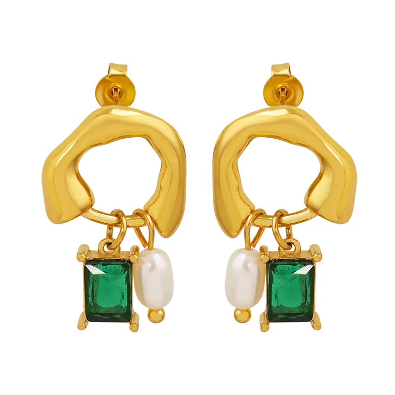 

2023 Unique Titanium Steel Freshwater Pearl Earrings 18k Gold Plated Stainless Steel Green Glass Stone Pendant Earring