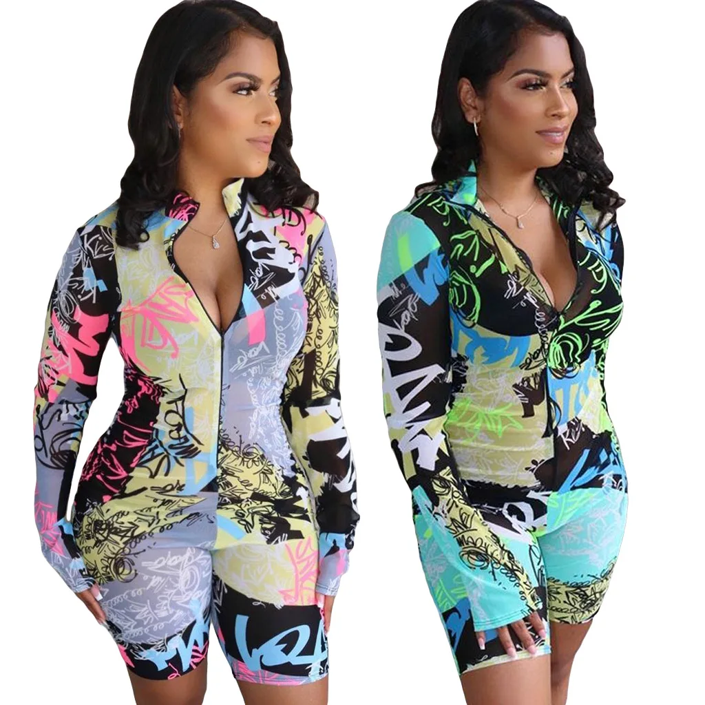 

Laster Design Womens Short Jumpsuit Fashion Printed One Piece Jumpsuits And Rompers Biker Short Bodysuits