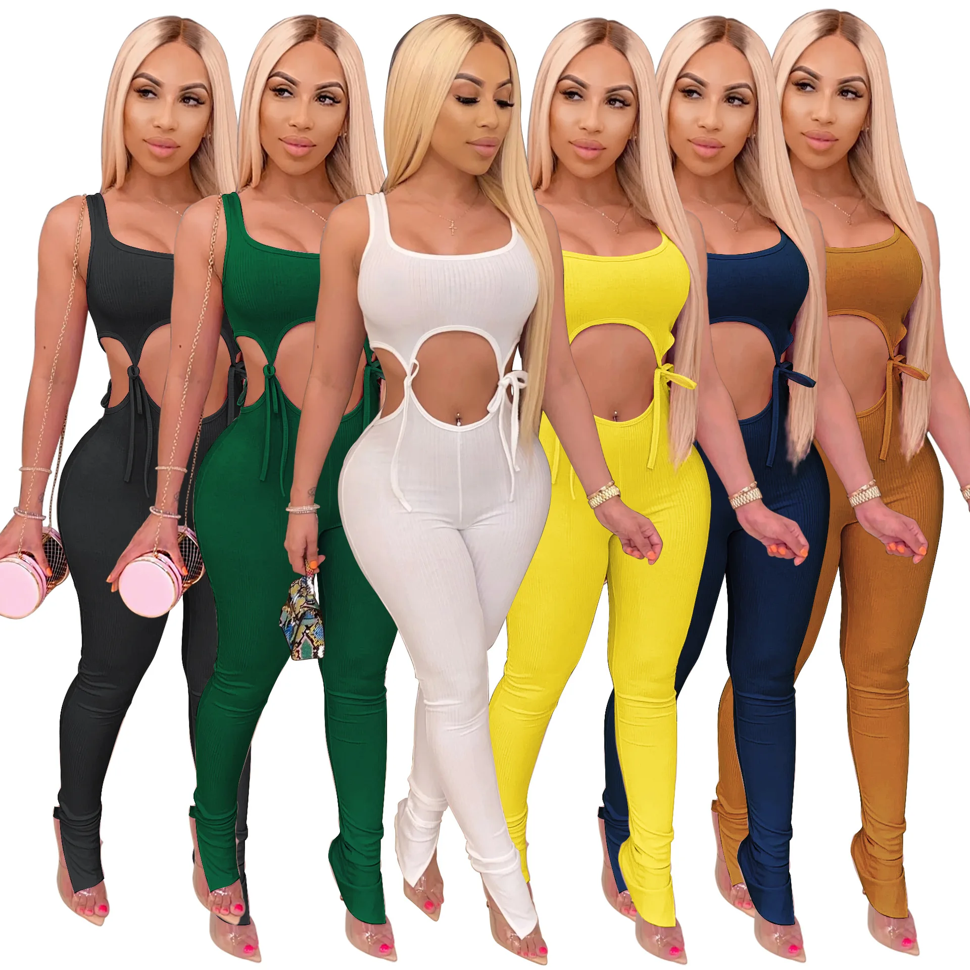 

Custom Logo Summer Solid Color Sexy Bodycon Sleeveless Crop Top Bandage Women Romper Jumpsuits Playsuits Pants, Picture