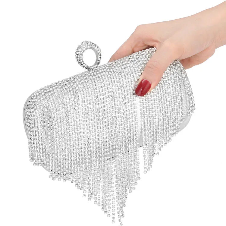 

Fashion ladies evening bags with diamond tassel European and American hot dinner rhinestone bag stylish clutch handbag for women, Black,golden,silver