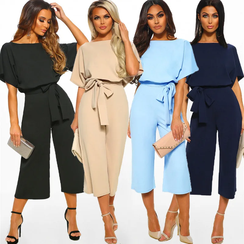 

Lskj308 Women's Elegant High Waist Short Sleeve Jumpsuit Casual Wide Leg Pants Loose Rompers with Belt