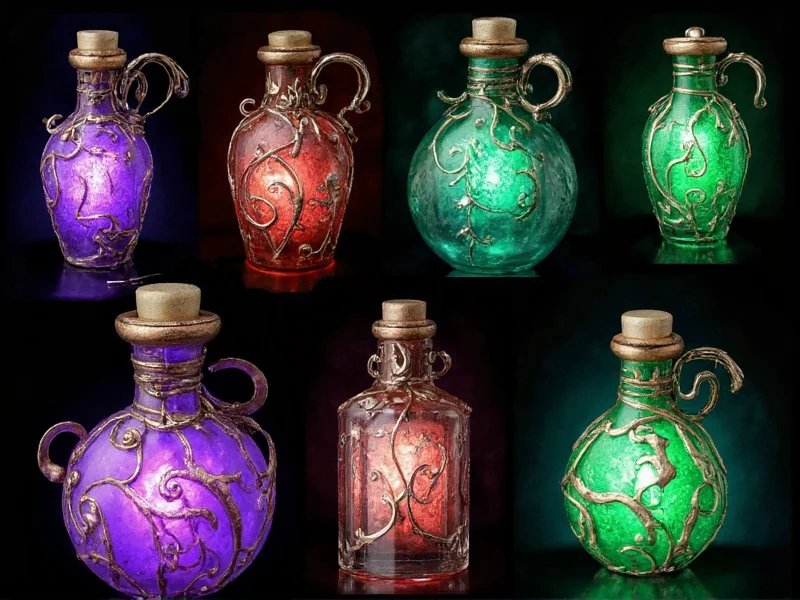 Different styles of decorative invisibility potions for fantasy themes