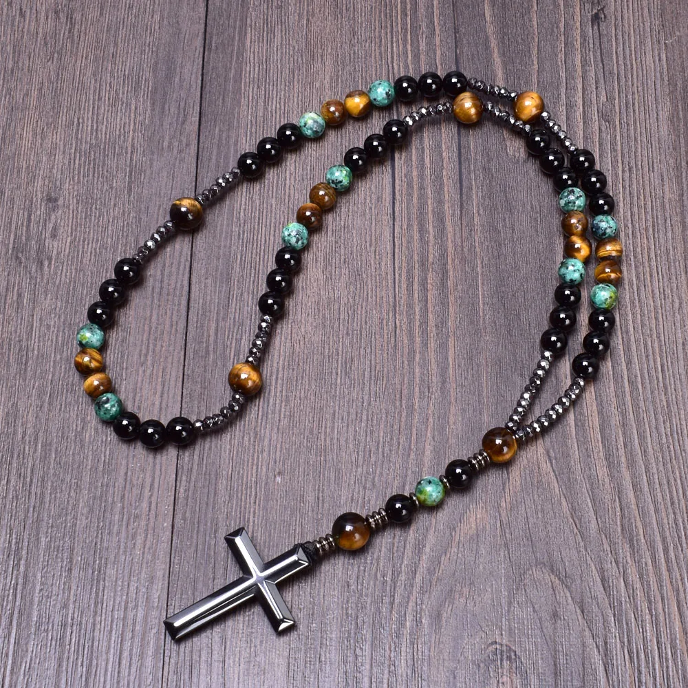 

African Turquoise Black Agate Yellow Tiger Eye Beads Catholic Rosary Cross Necklace for Men Christ Meditation Jewelry Dropship