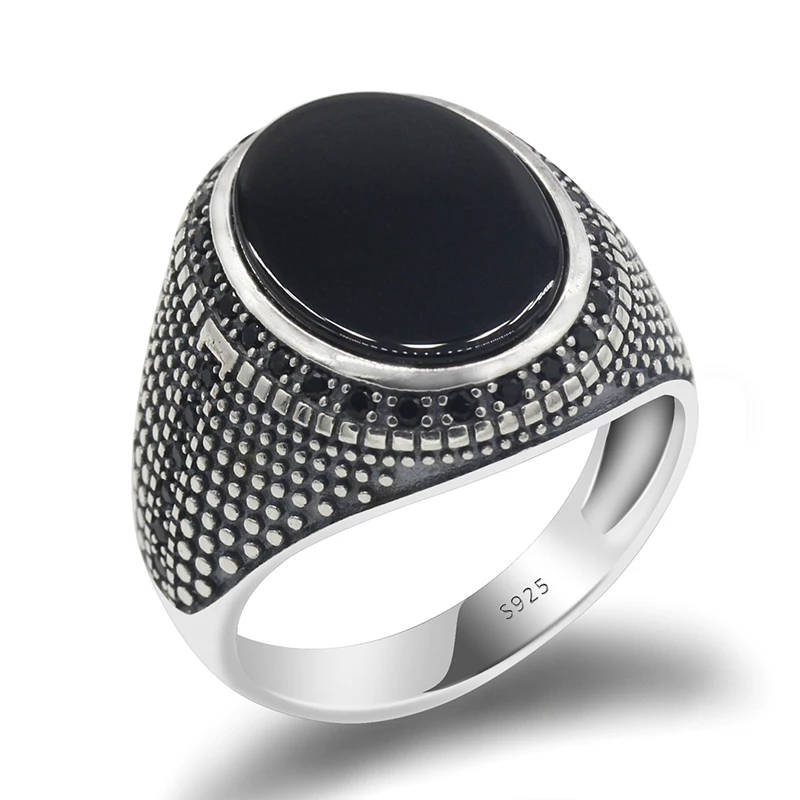

Turkish Natural Black Agate with Zircon Stone Real 925 Sterling Silver Ring, Antique Onxy Oxidized Silver Rings for Man