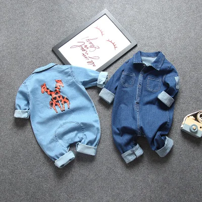 

Newborn Unisex Baby Boys Girls denim Romper cartoon printed baby Long Sleeve Jumpsuit outfits jeans Clothes, Picture shows