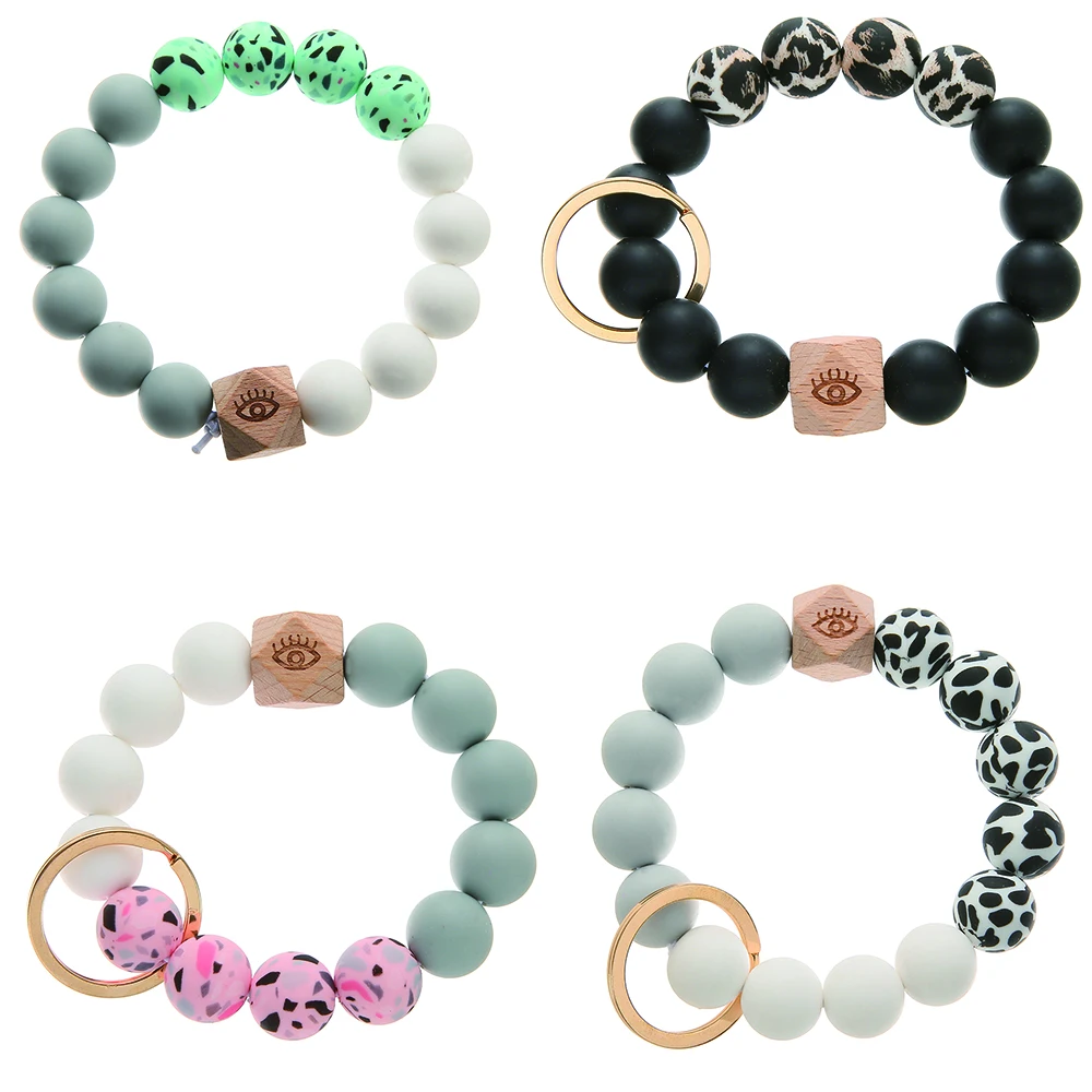 

Alloy Keychain Bracelet Wristlet Jewelry fashion popular colorful Silicone Circle Wooden Beads with Women Summer Elastic ring, Picture