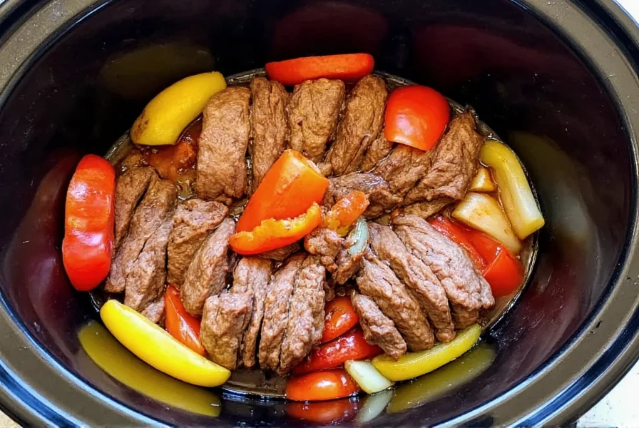 Slow cooker filled with sliced flank steak, colorful bell peppers, and onions in rich brown sauce