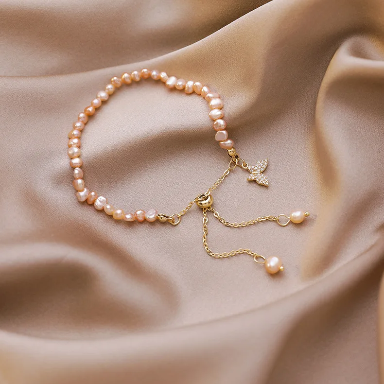 时尚优雅女性手饰品可调节链条天然巴洛克珍珠手镯珍珠立方锆英石蝴蝶