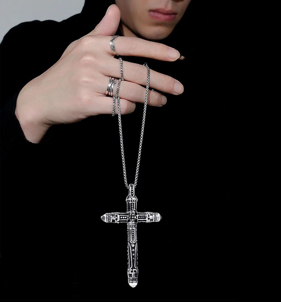 

retro double-sided three-dimensional big cross stainless steel pendant necklace personality trend men's fashion punk accessories