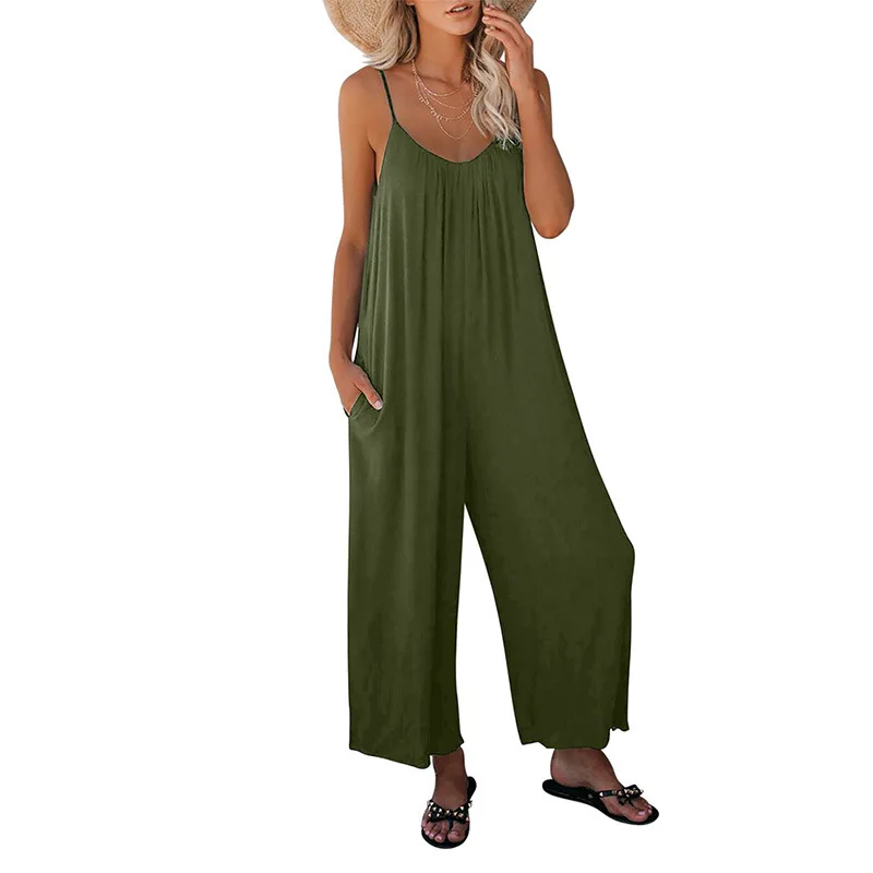 

Large size women's casual jumpsuit solid color sling wide leg jumpsuit