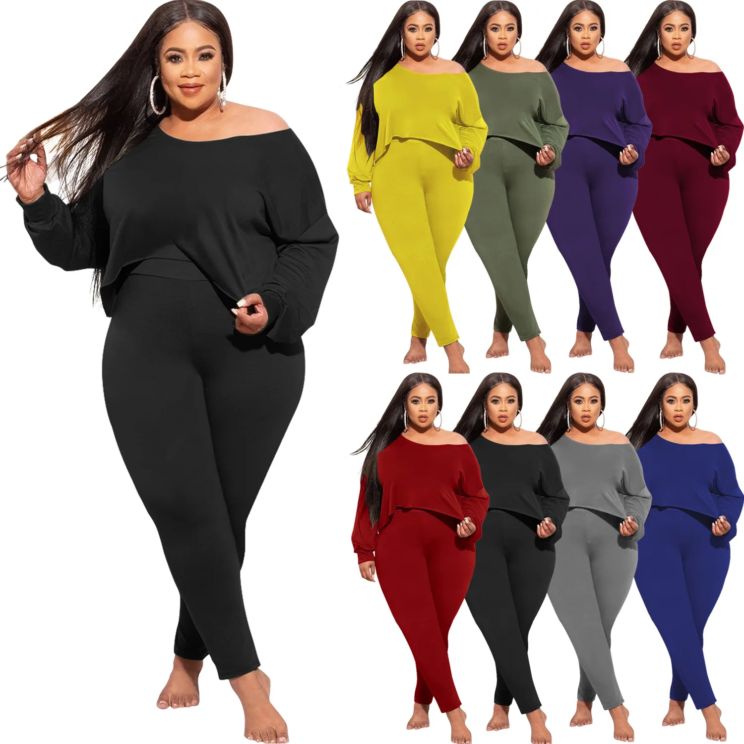 

Fall 2021 Diagonal Collar Irregular Top Long Sleeve Skinny Pants 5X Plus Size Elastic Two Piece Set Lady Suit