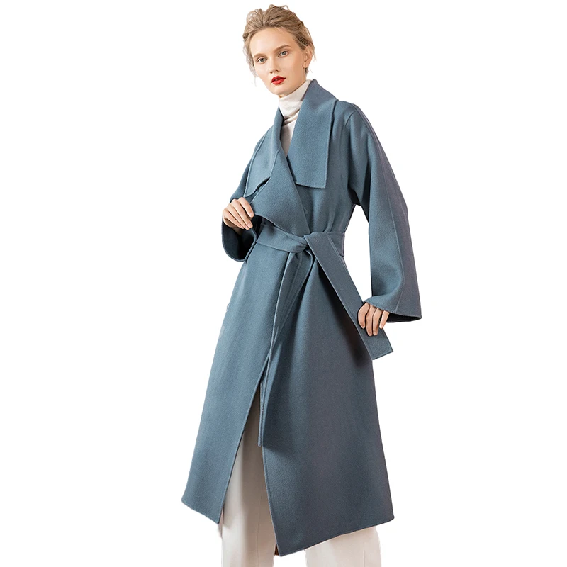 

New fashion high quality notched collar belted double-sided cashmere trench coat loosen long woman wool jacket
