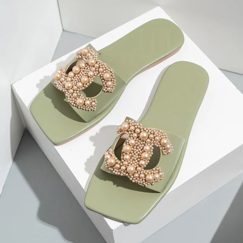 

Women Flat Sandals 2022 Summer New Style Fashion Slippers Ladies Beaded Slippers