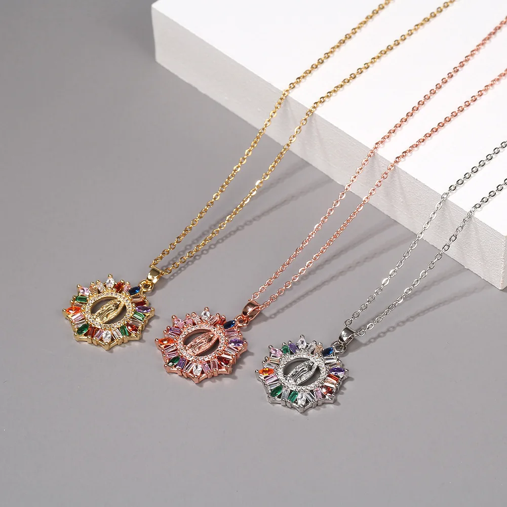 

Lotus rose gold plated micro paved zircon virgin mary color diamond necklace