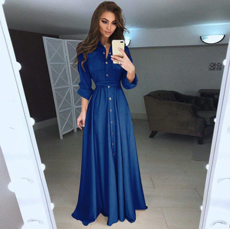 

Fashion Women's Long Sleeve High Quality Spring Slim Button Lace Up Temperament Evening Dress