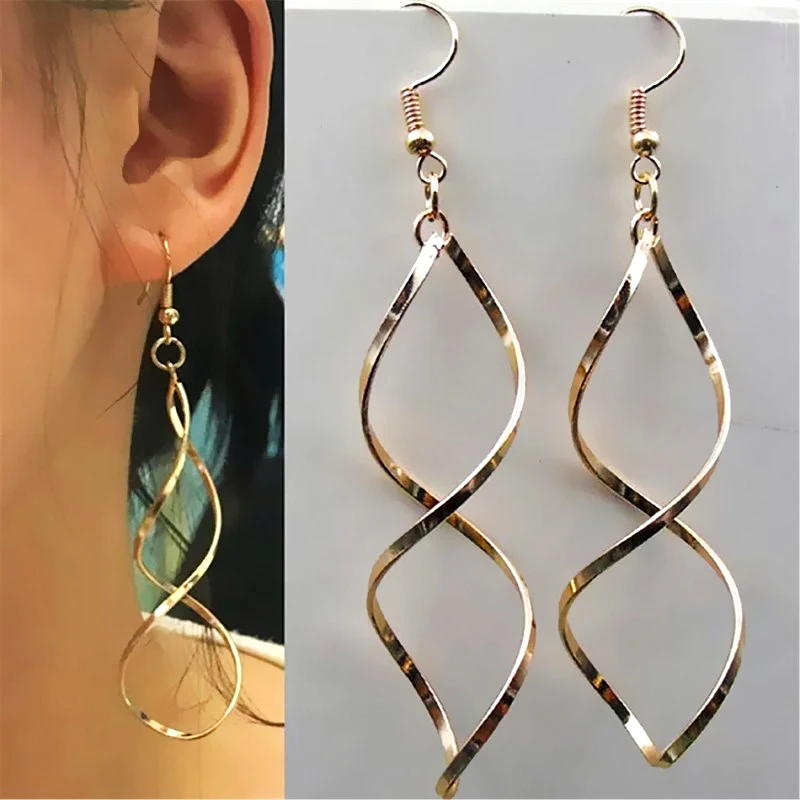

2020 New Simple Spiral Curved Long Drop Earrings For Women Wave Design Fashion Female Jewelry Wholesale Party Wedding Earring, Gold/silver