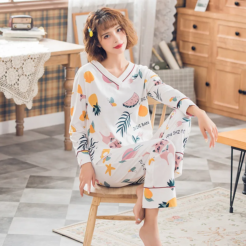 

2021 new spring and autumn 100% cotton ladies sweater V-neck pullover long sleeve trousers sleepwear suit loose home service wo, Required