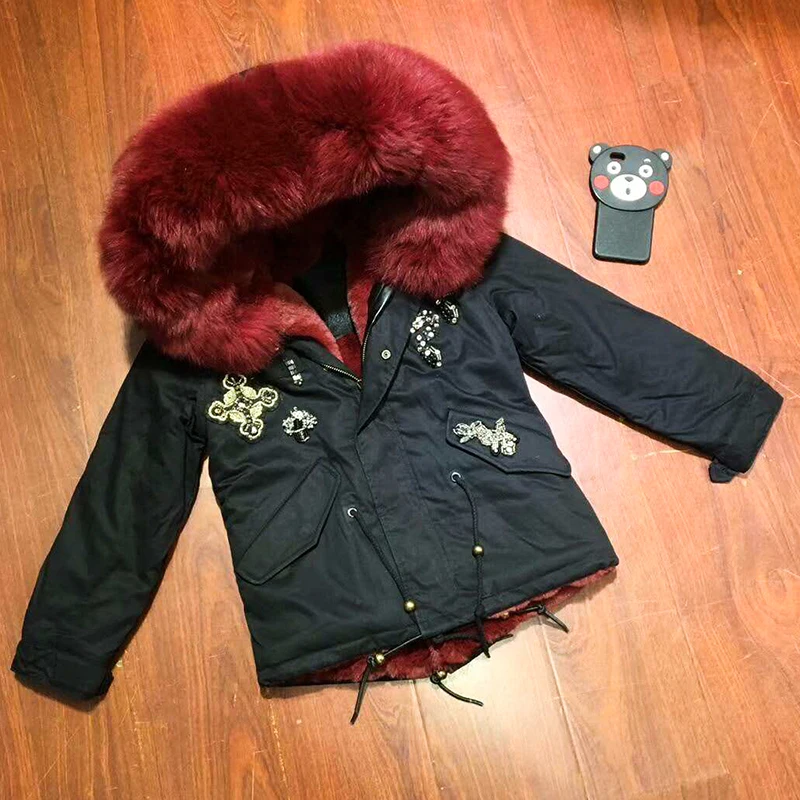 

Kids Clothing Winter Snake Bead Design Black Leather Soft Red Stitching Fur Hooded Jacket