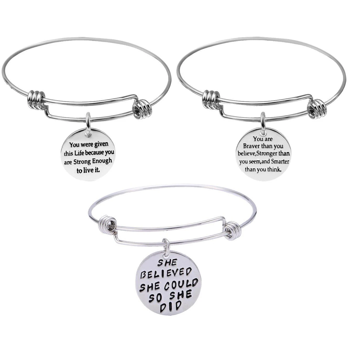 

Engraved Message Inspirational Words Adjustable Stainless Steel Motivational Bangle Bracelet