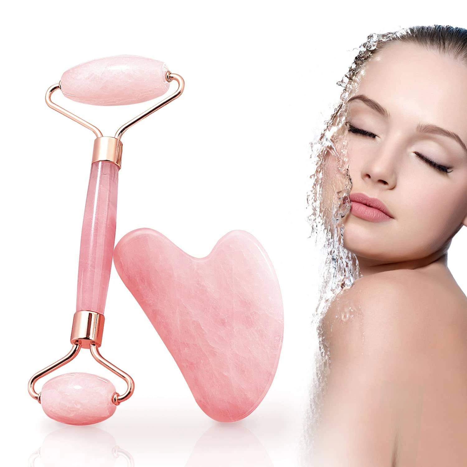 

Facial Beauty Roller Skin Care Tools Rose Quartz Massager Face Neck Body Jade Roller Gua Sha Set