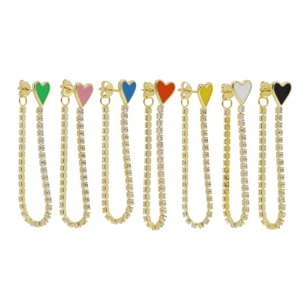 

European Fashion CZ Tennis Chain Earrings Long Chain Enamel Colorful Gold Plated Tassel Earrings for Girls, Picture