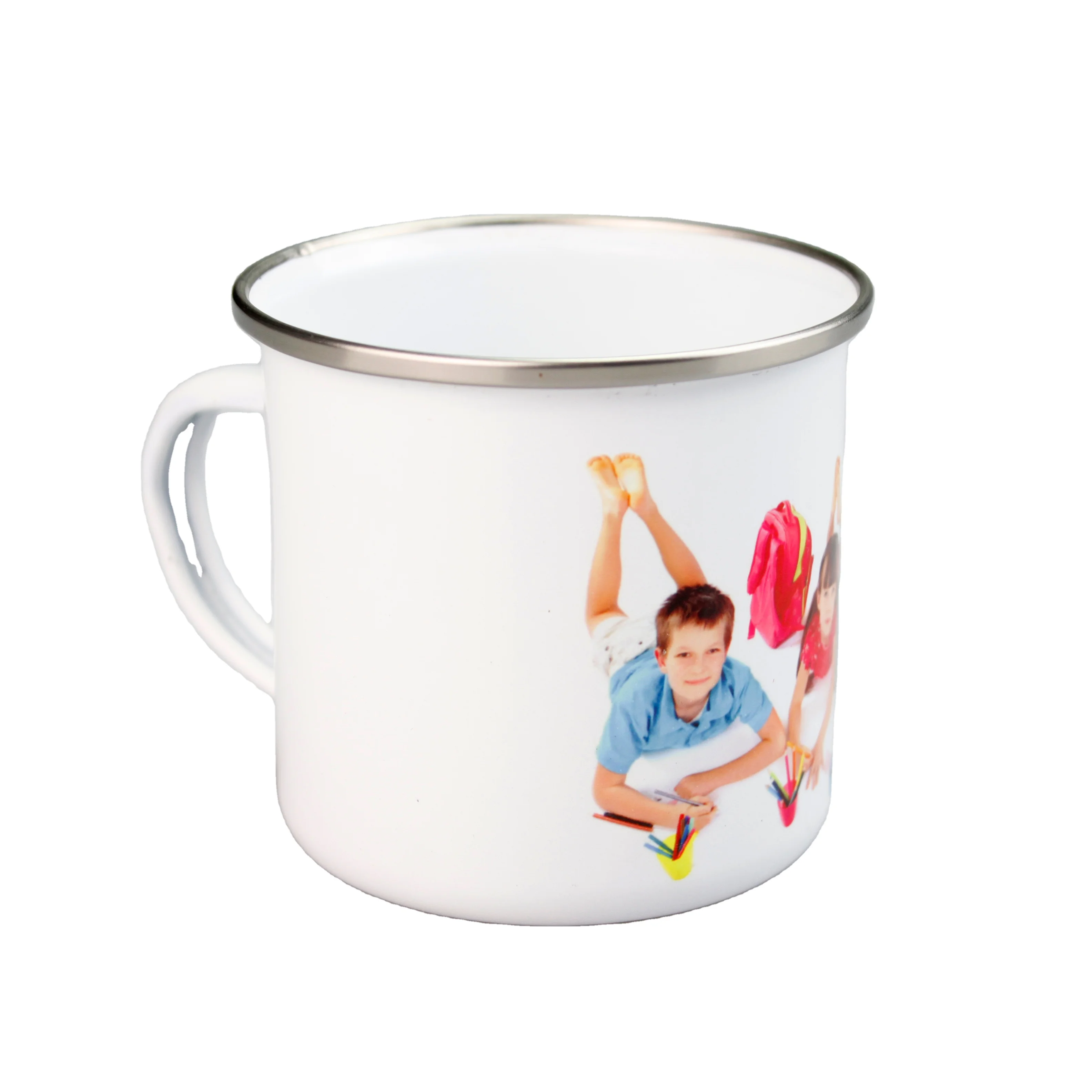 

Custom Blank Enamel Mugs for Sublimation Printing Stainless Steel Rim Plain Enamel Coffee Cup Mugs Fabric, White