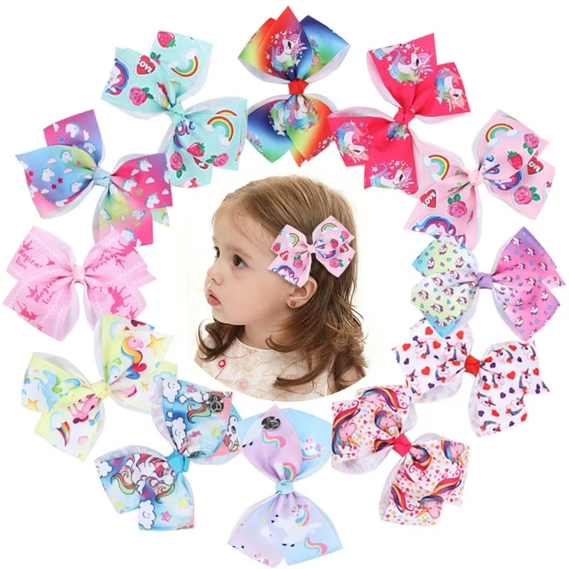 

5 Inch Unicorn Print Bow Hairpin 12 color children's party clips hair accessories