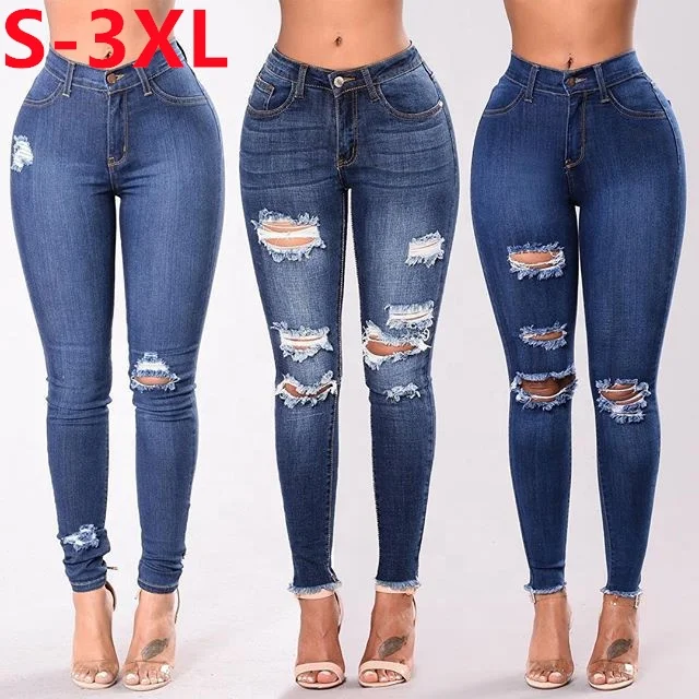 

2022 Fashion New Large Size Denim Pants Ladies Casual Personality High Waist Ripped Comfortable Stretch Slim Pencil Women Jeans, Customized color