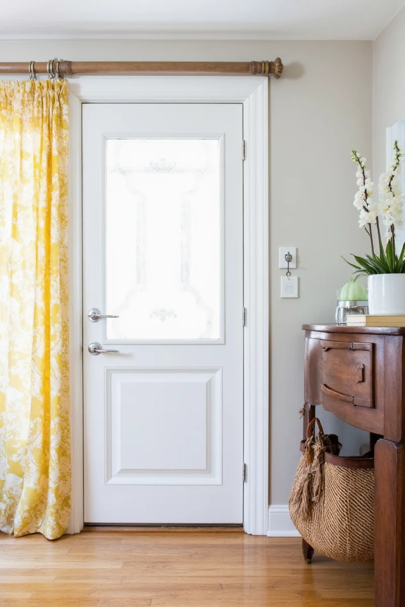 Modern metal rod with linen sheers on front door