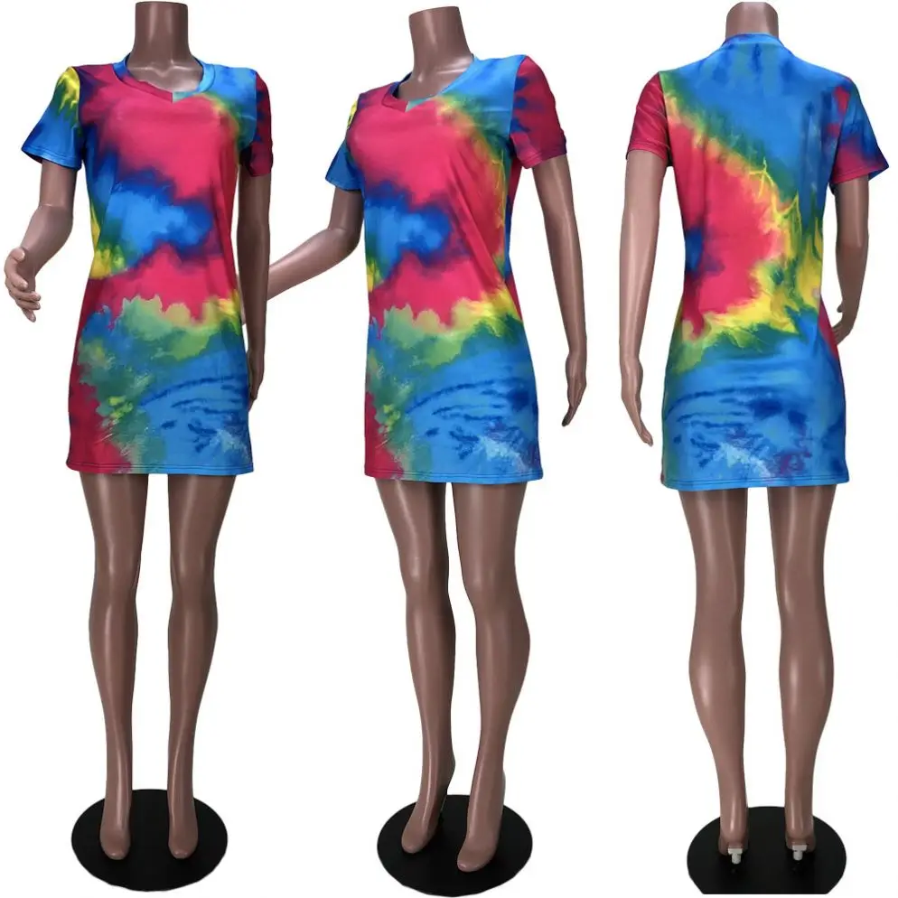 

X01311L 2021 New arrival hot sale Pullover print V-neck dress skirt Nightclub style Tie-dye women casual dress, 1 colors