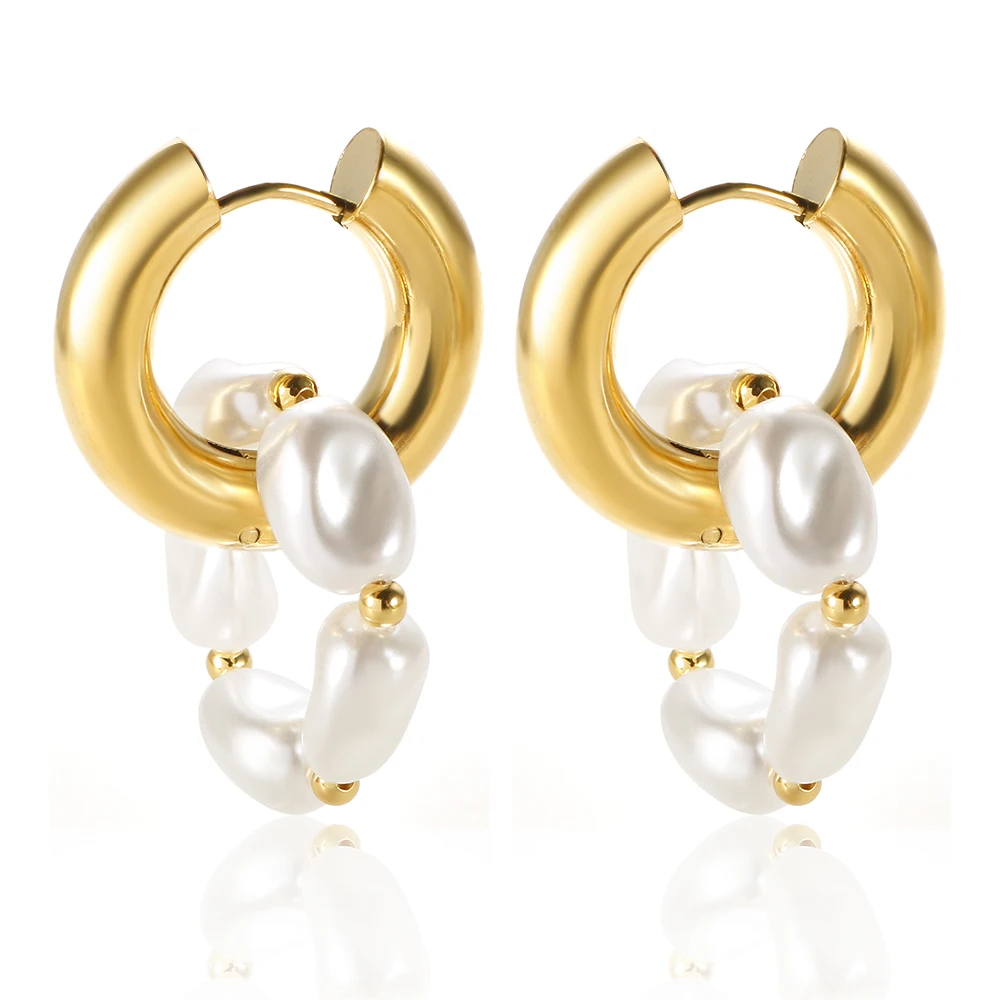 

Wholesale Jewelry Stainless Steel 18K Gold Plated Elegant Freshwater Pearl Earring Round Gold Beads Pearl Pendant Hoop Earrings