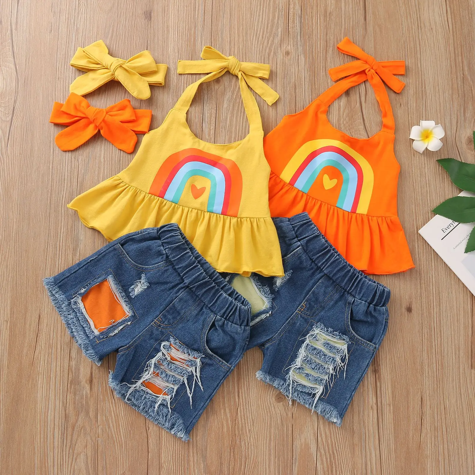 

lyc4780 Summer Kids Baby Girl Clothes Off Shoulder Vest Top Ripped Holes Denim Shorts Children Toddler Outfits Clothing Set 2021