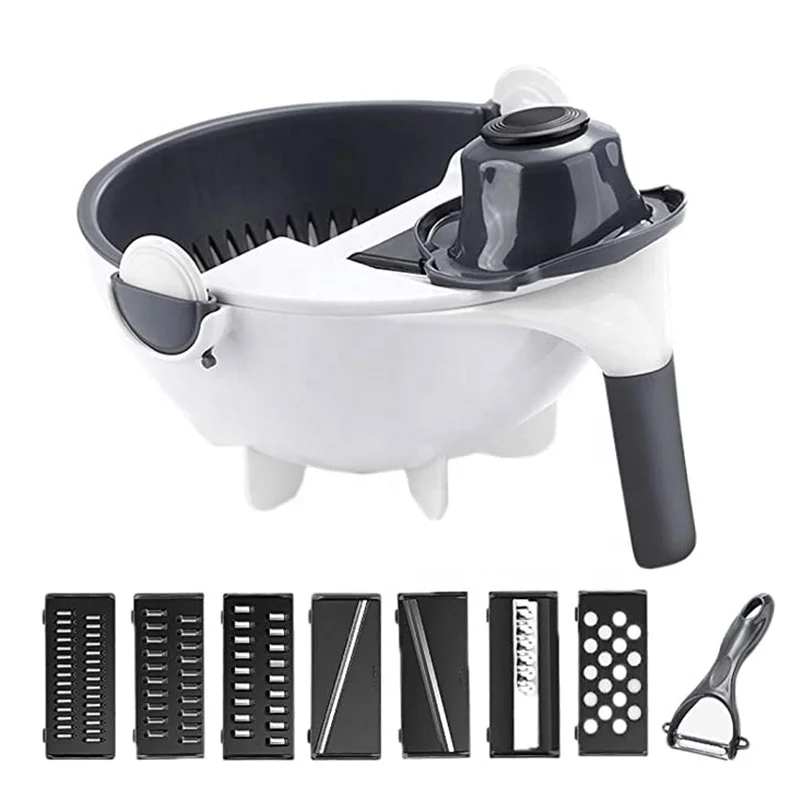 

Multifunctional 9 In 1 Kitchen Vegetable Fruit Shredder Grater Slicer Manual Rotate Vegetable Cutter With Drain Basket