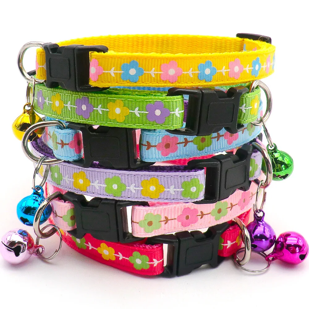 

2021 ins Cute Pet Collar Flower Print 1.0 cm Cat Necklace With Bells Adjustable Pet Collar Supplies