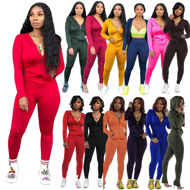 

2020 Winter Sexy Women Longsleeve Top Trouser Clothing Solid Color Women Hoodie Zipper Outfit Two Piece Set, Optional