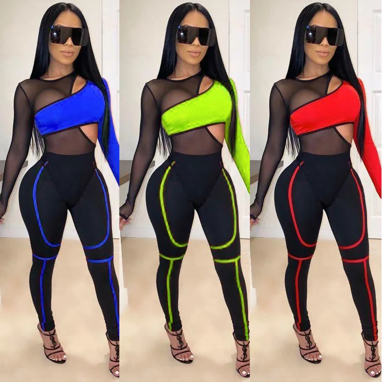 

Factory Price Club Wear Hollow Out Women Clothing Sexy Mesh Transparent Two Pieces Pants Set Women Clothing Sexy