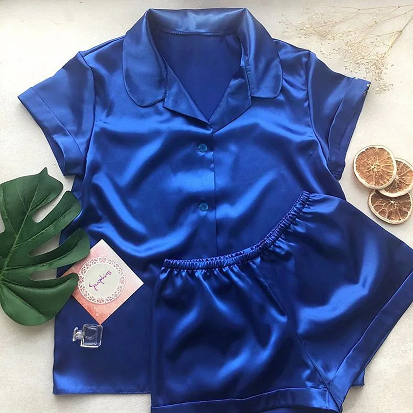 

S-XL Size 16 Color Summer Quality Button Down Solid Satin Shorts Pajama Set for Women, As picture