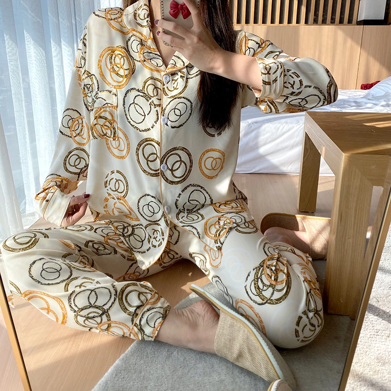 

Spring summer satin solid long sleeve women pajamas sleepwear ladies 2 piece pajamas for women