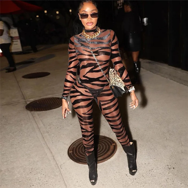 

LvCong spring women party clothes turtle neck tight striped printing romper jumpsuit women mesh see through tiger print jumpsuit