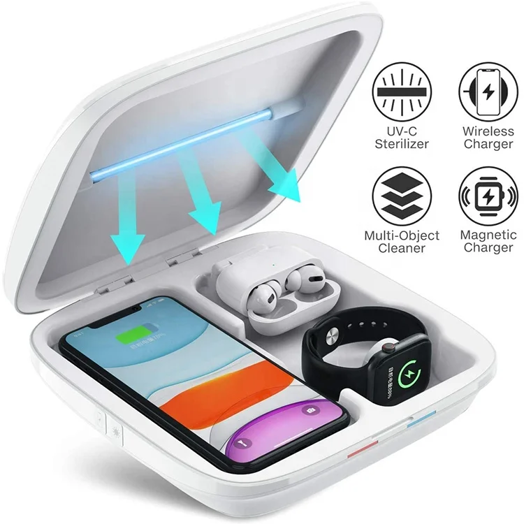

10W Qi Fast Charger Stand LED UVC Light With Wireless Charging 4 in 1 UV Sterilizer Box, White