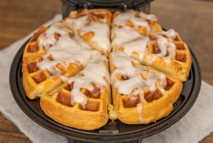 Close-up of perfectly cooked cinnamon rolls with crispy edges emerging from a waffle maker, golden brown with visible cinnamon swirls