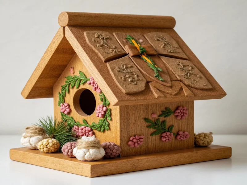 Handcrafted wooden birdhouse with decorative elements