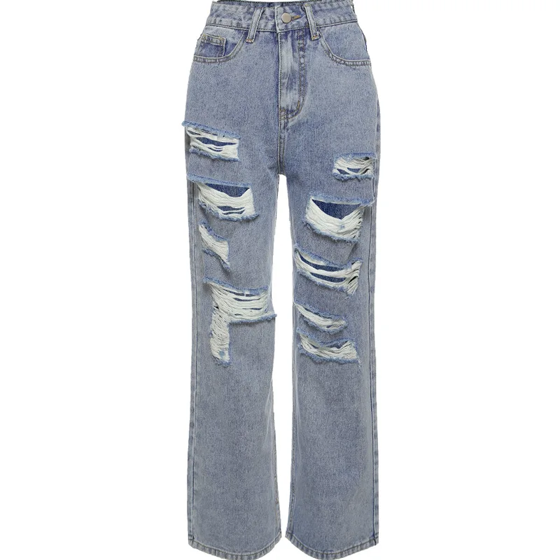 

Trendy Fall Loose High Waist Denim Boyfriend Ripped Jeans Women