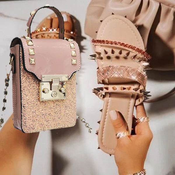 

2021 Trendy Jelly Sandals Open Toe Rivet Rhinestone Hand Bag Sets Women Shoes Designer Flat Slides Sandals And Bag Set, As picture show or customized