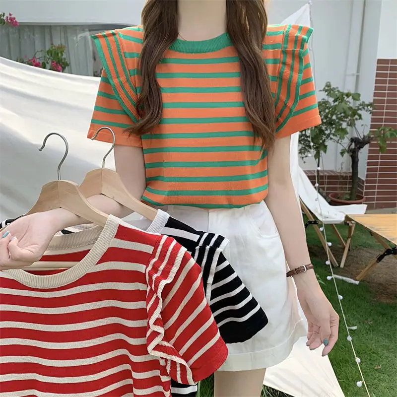

HOT sales women new color stripe knit with short sleeves round neck