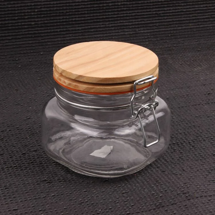

Wholesale clear square glass honey jar with clip wooden lid 500ml 1000ml, High transparency