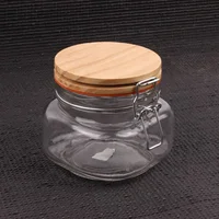 

Wholesale clear square glass honey jar with clip wooden lid 500ml 1000ml